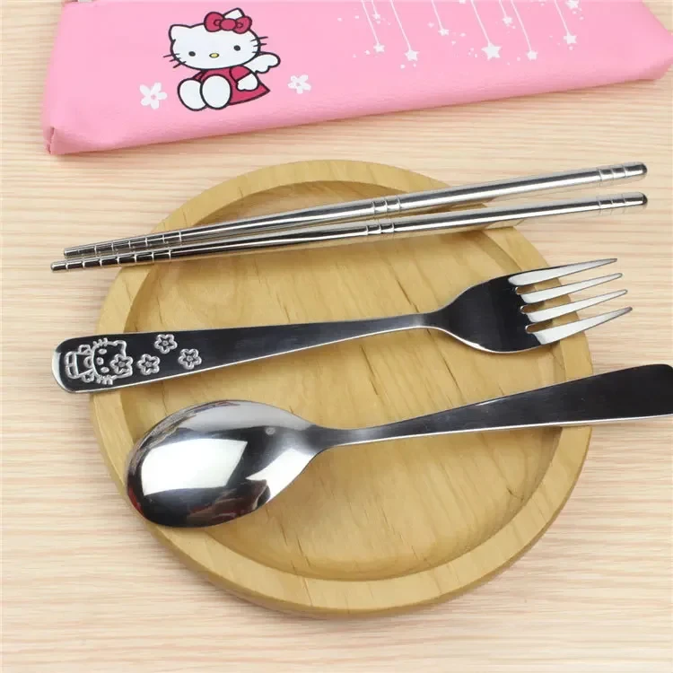 Sanrio Peripheral Cute HelloKittys Kids Tableware Set Anime Cartoon Baby Meal Metal Spoon Fork Chopsticks Kawaii Tableware Gift