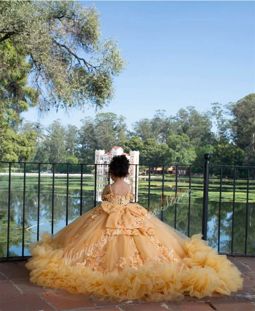 New Fluffy Off Shoulder Flower Girl Dress Pearl Floral Applique with Bow Girls Wedding Dresses Birthday Party Wearing