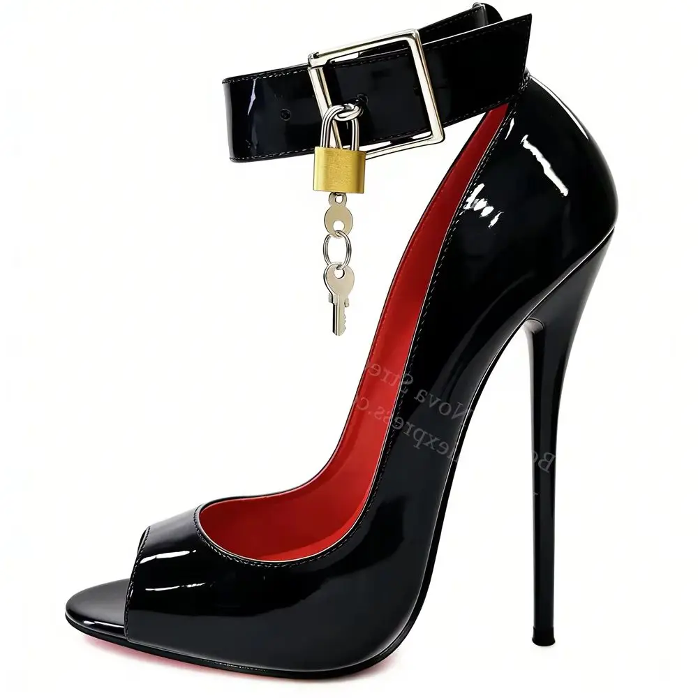 

Black Patent Leather High Heels 2026 New 16cm Open Toe Stiletto Heel Gold Lock Buckle Strap Nightclub Party Dress Pumps