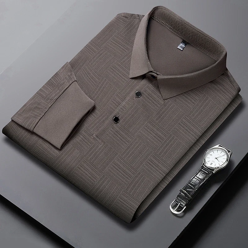New Men\'s Business Casual Long Sleeved Shirt Solid Color Polo Shirt Fashionable Breathable Comfortable Versatile Top