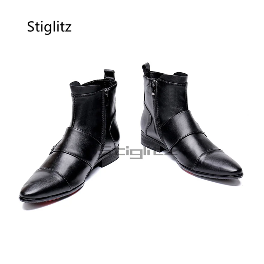 Men's Double Metal Buckle Chelsea Boots Black Genuine Leather Pointed Toe Side Zip Ankle Boots Low Block Heel Dress Male Shoes - view 6