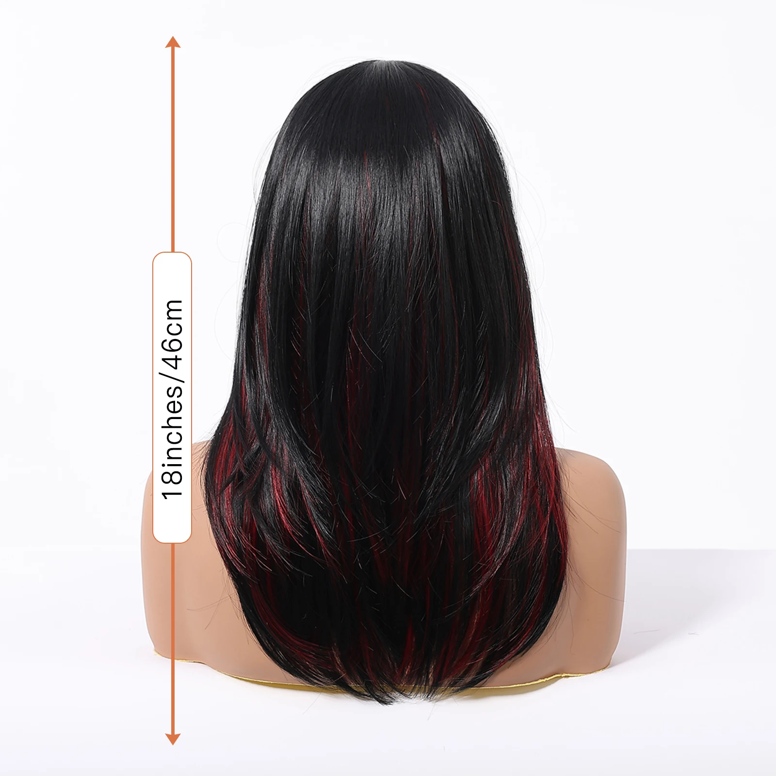 Medium Long Straight Layered Synthetic Wig Black Red Highlights Bangs Heat Resistant Lolita Cosplay Halloween Wig for Women