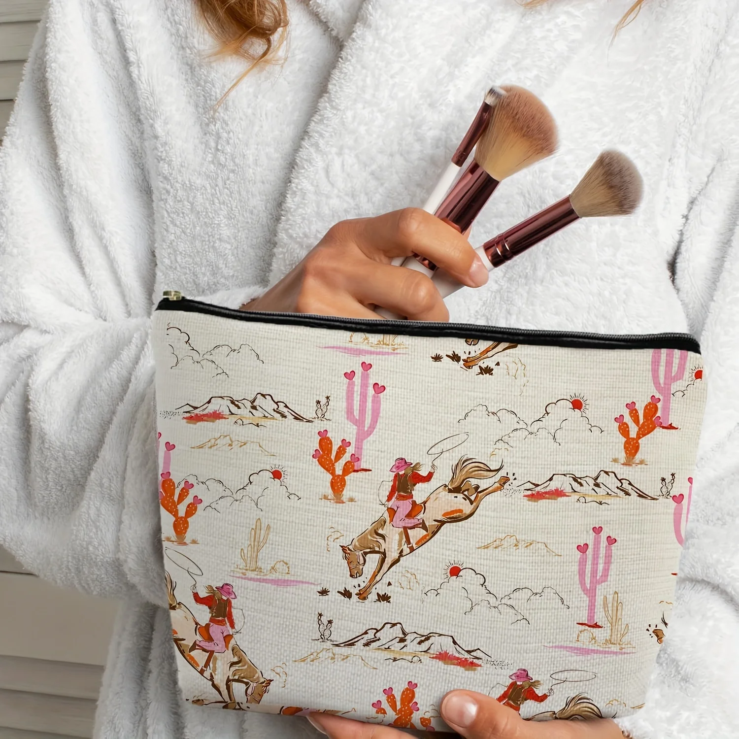 생생한 서부 카우걸 캠핑 메이크업 가방 - 여성용 귀여운 다기능 지퍼 가방, 보석 보관 가방