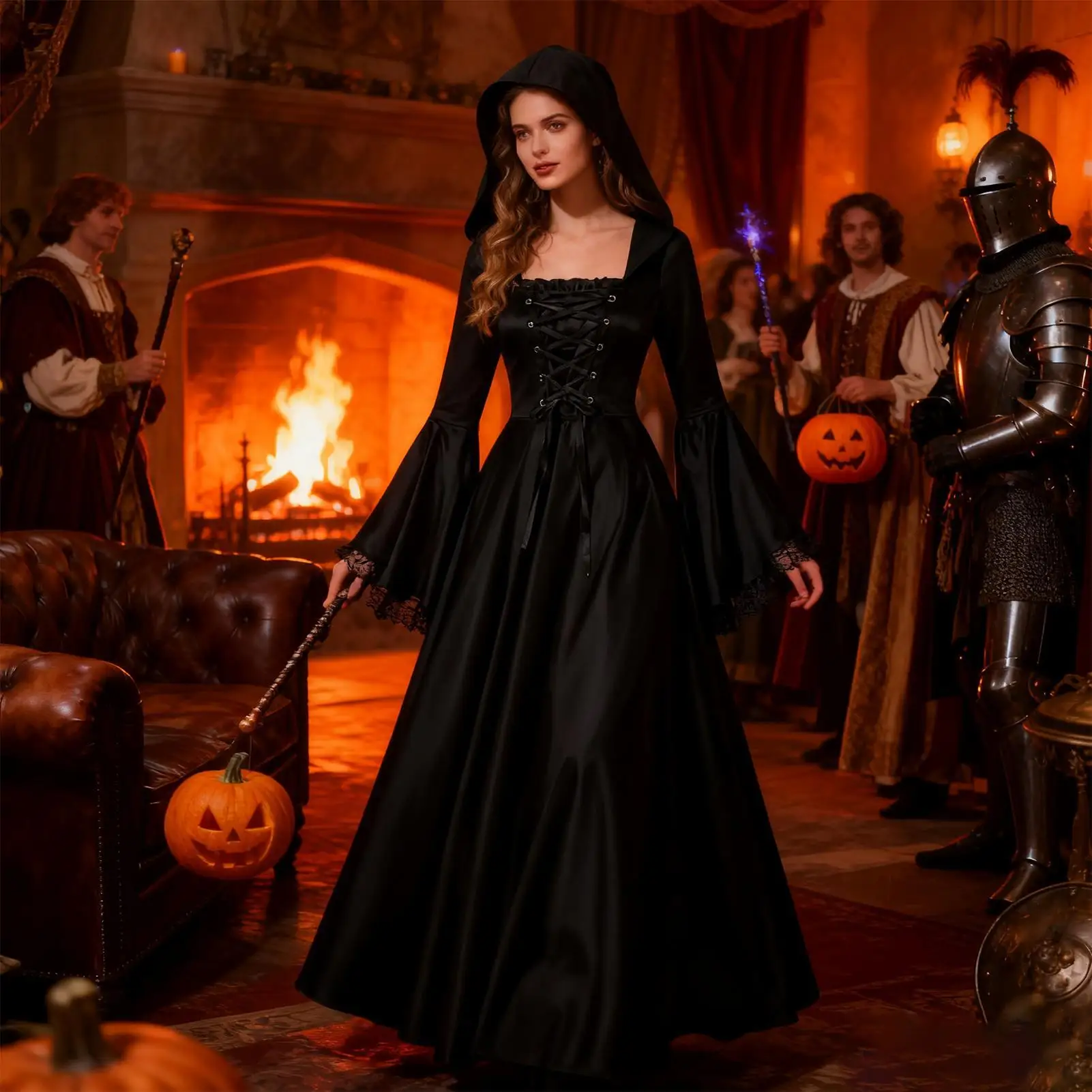 Halloween Witch Costume Medieval Gothic Long Dress Hooded Renaissance Cosplay Horror Dress-up for Women Haunted House Theater - view 2