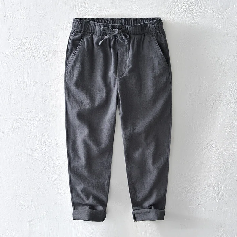

Breathable Drawstring Elastic Waist Linen Casual Pants Men Loose Brown Black White Loose CottonTrousers For Male Spring