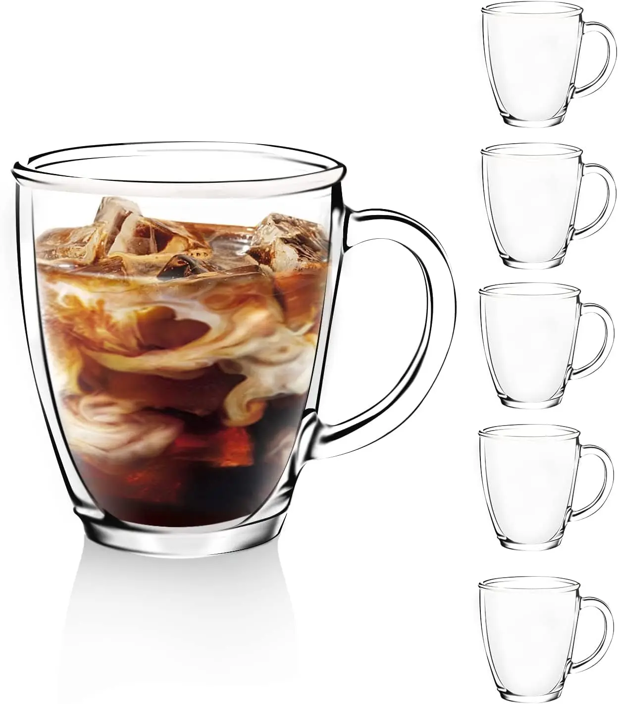 Paquete de 6 Tazas de Café de Vidrio Premium con Asa, Transparentes para Bebidas Calientes/Frías, Ideales para Americano y Cappuccino