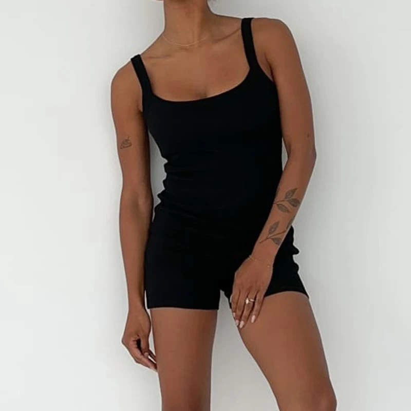 Maemukilabe Summer Rib Knitted Playsuit Women Sleeveless Skinny Romper Short Jumpsuit Wrap Bodycon Female Playsuit Overalls