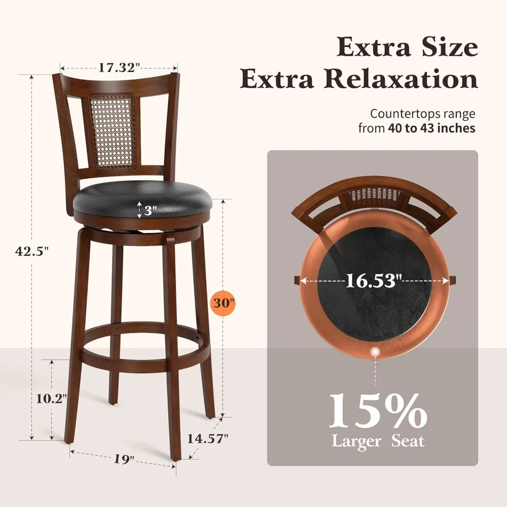 Krzesła barowe obrotowe z oparciem, zestaw 2 krzeseł barowych o wysokości 76 cm, drewniane krzesła barowe, krzesła obrotowe 360 stopni z tapicerką