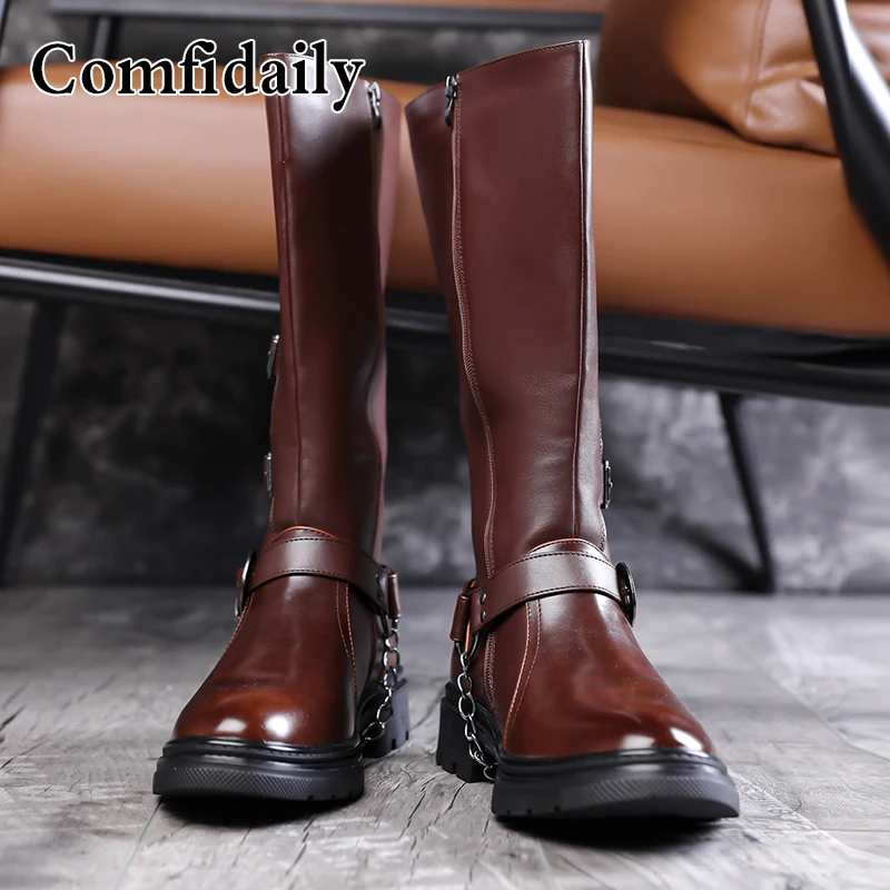 

Punk Style High-end Men Thick Soled High Top Boots with Belt Buckle Chain Non Slip Comfortable Personalized Fashionable