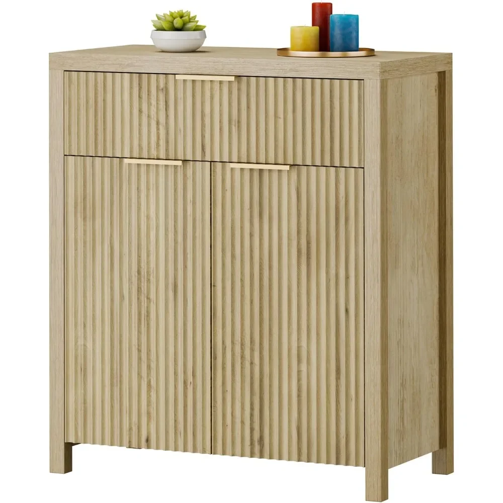 Modern Fluted Sideboard Buffet with Adjustable Shelves and Quality Wooden Top for Media and Accent Storage