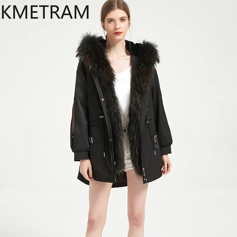 KMETRAM الطبيعية ريكس الأرنب الفراء بطانة سترة ملابس خارجية معطف الفرو الأسود الثعلب الفراء طوق منتصف طول الشتاء النساء سترة 2025 أصابع