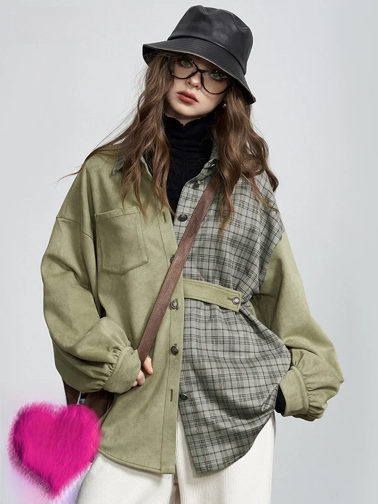 

Retro Plaid Long Sve irt Jaet Women's New Autumn Splicing Design Fairy's ket Polyester Fiber Elastic Fiber Button