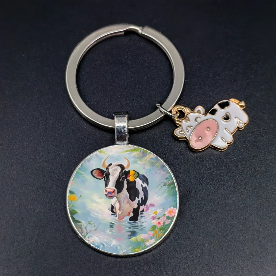 2024 Cute and Colorful Cow Keychain I Love Cow Glass Keychain  Men's and Women's Jewelry Key Chain Gifts to Friends