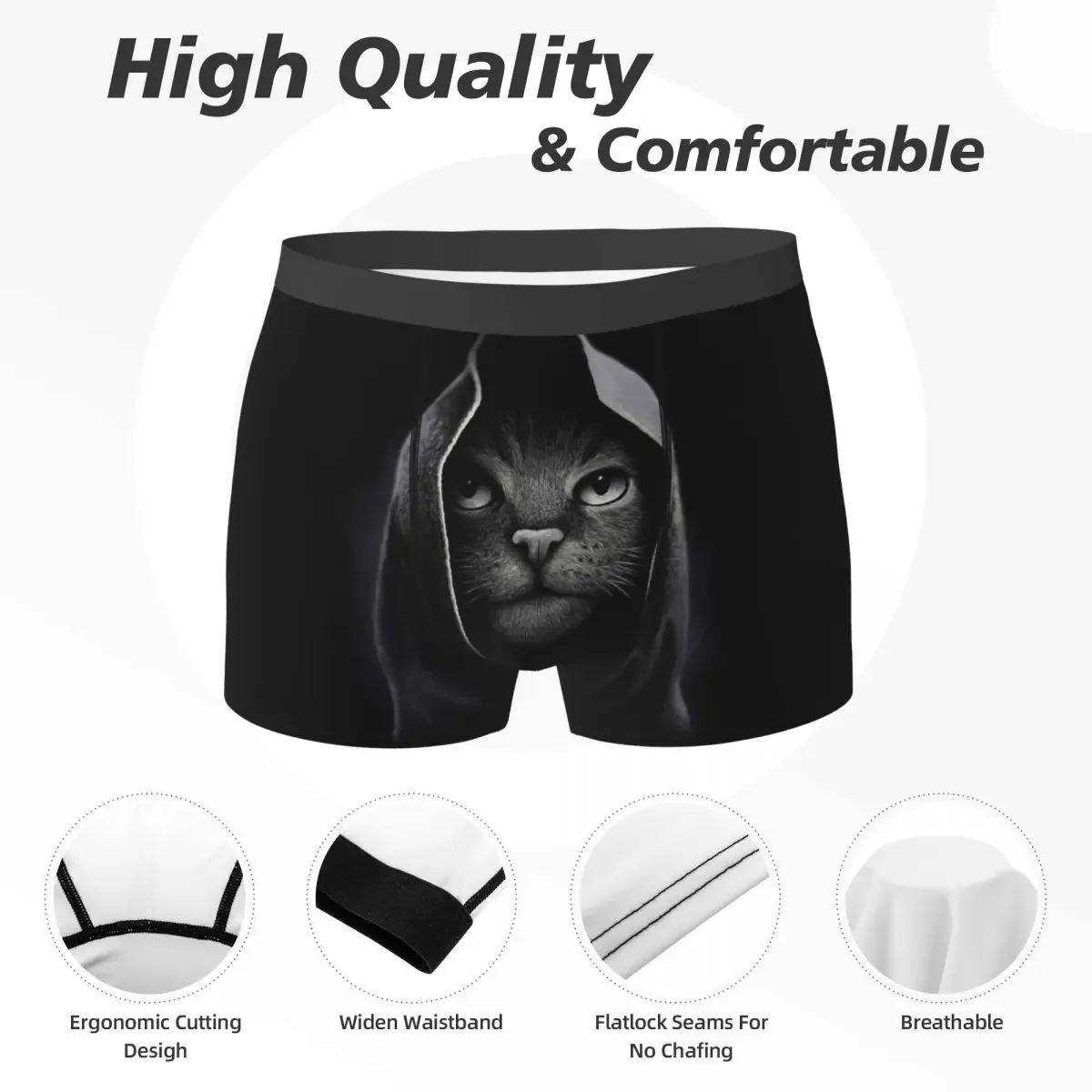 Cat Portrait Respirável Cuecas, Roupa Interior Masculina Engraçada, Shorts Estampados, Cuecas Boxer