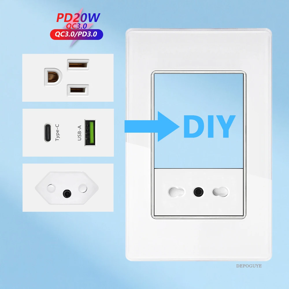 

Italian Brazilian US EU Standard Glass PC panel DIY Switch Universal 3Pin USB Type C 20W Wall Socket 118mm*75mm