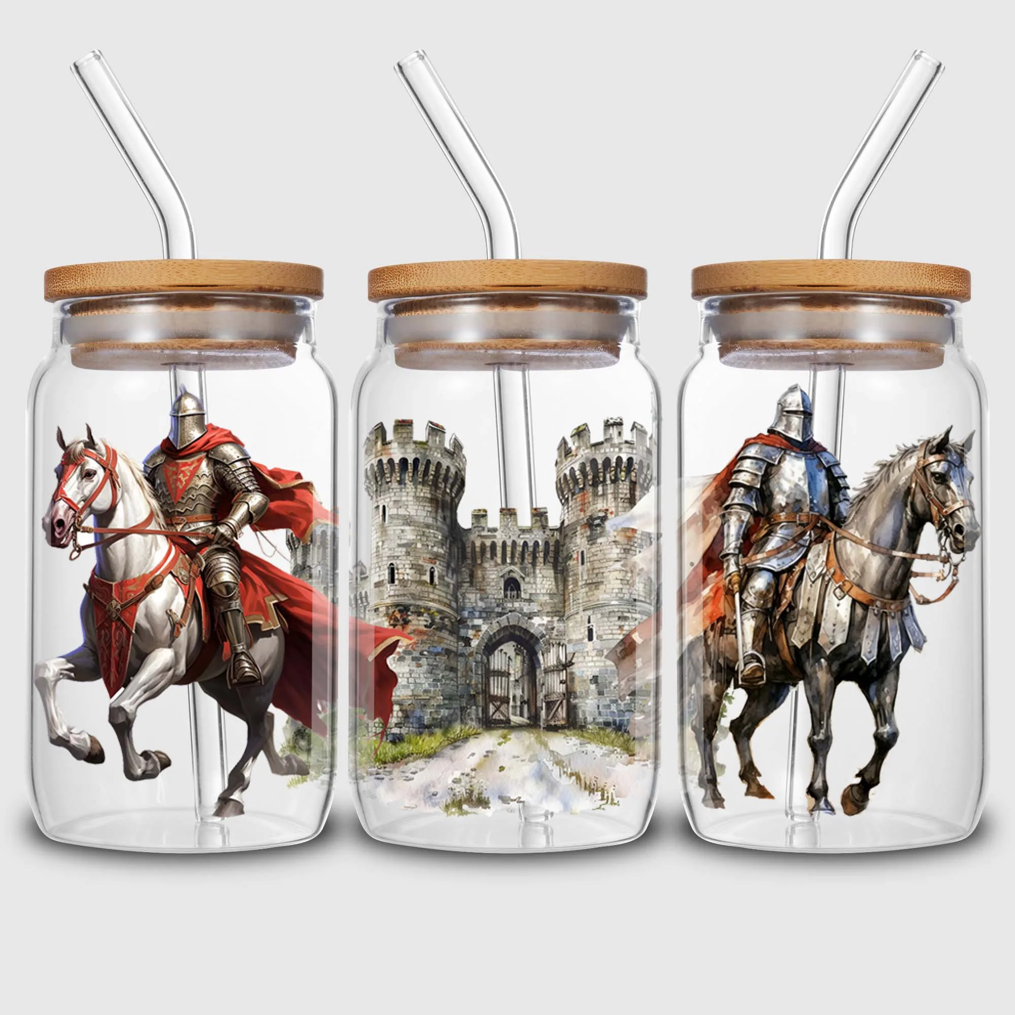 5 Sheets Medieval Knights UV DTF Mug Stickers, Glass DTF Transfer Stickers, Waterproof Wipe Transfer Paper for 16oz Glass, Mug