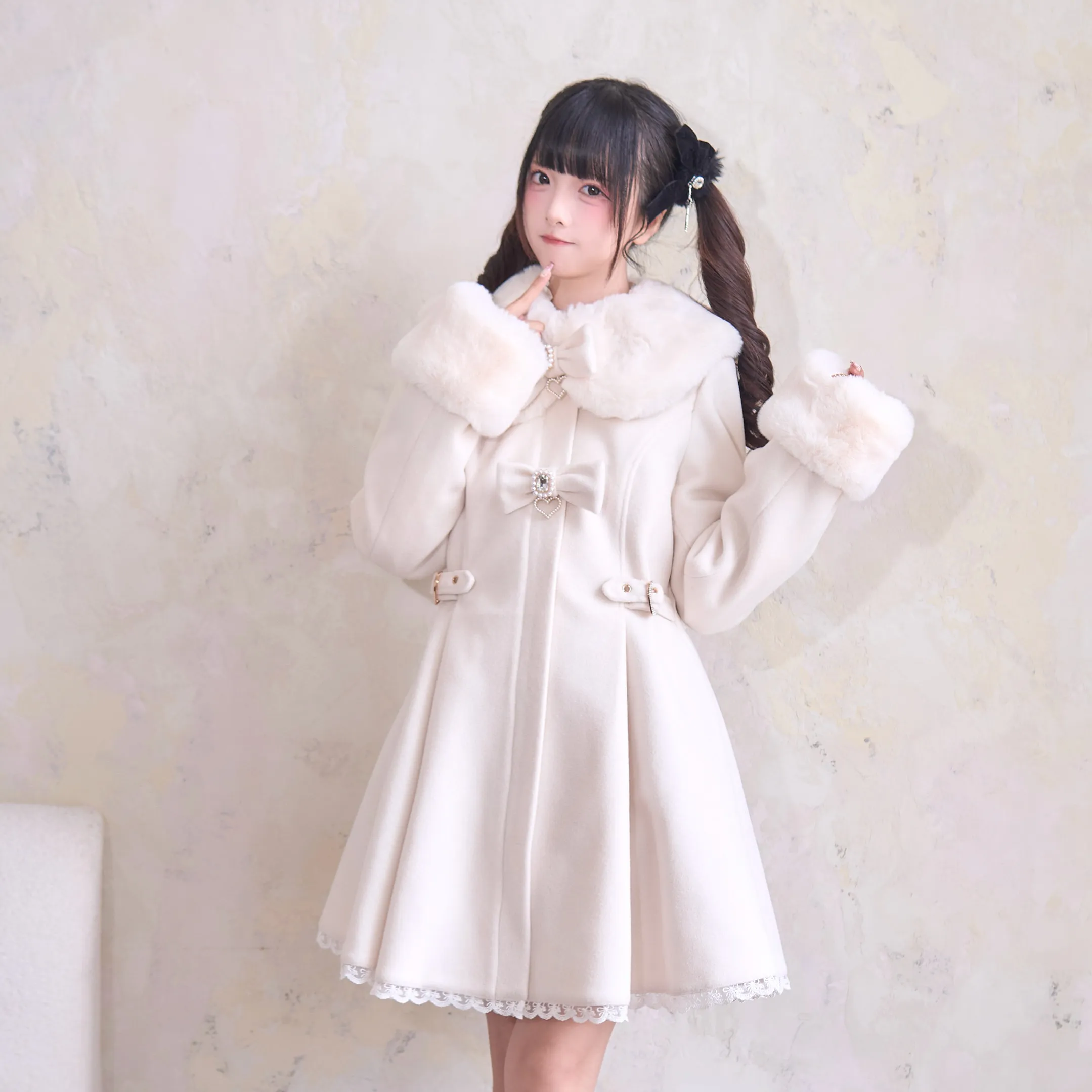 Japanese Style Bow Waist Coat Women Sweet Lolita Winter Coat Pink Faux Fur Collar Bow Lace Hem A-line Princess Overcoat