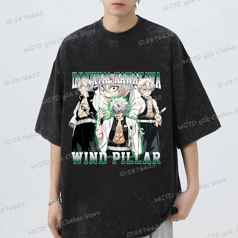 

Harajuku Kimetsu No Yaiba Graphic T-shirts Men Clothing Fashion Shinazugawa Genya Punk T Shirt Loose Cotton Washed Tshirts
