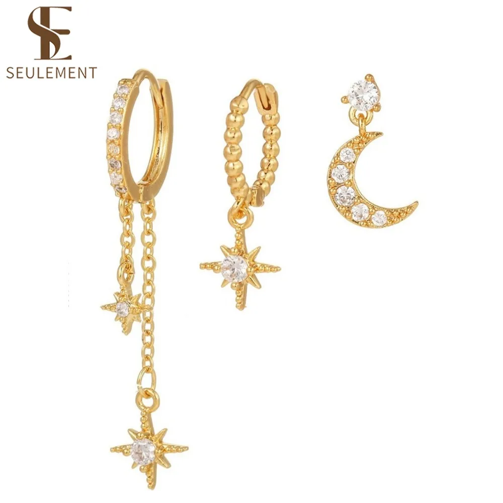 

Seulement 3Pcs Sst Cubic Zirconia Chain Hoop Earring for Women Star Moon Pendant Cartilage Earring Piercing Jewelry