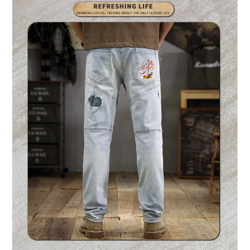 

Summer American washed and whitened hole jeans men Slim straight light-colored leggings trend of beggar pants
