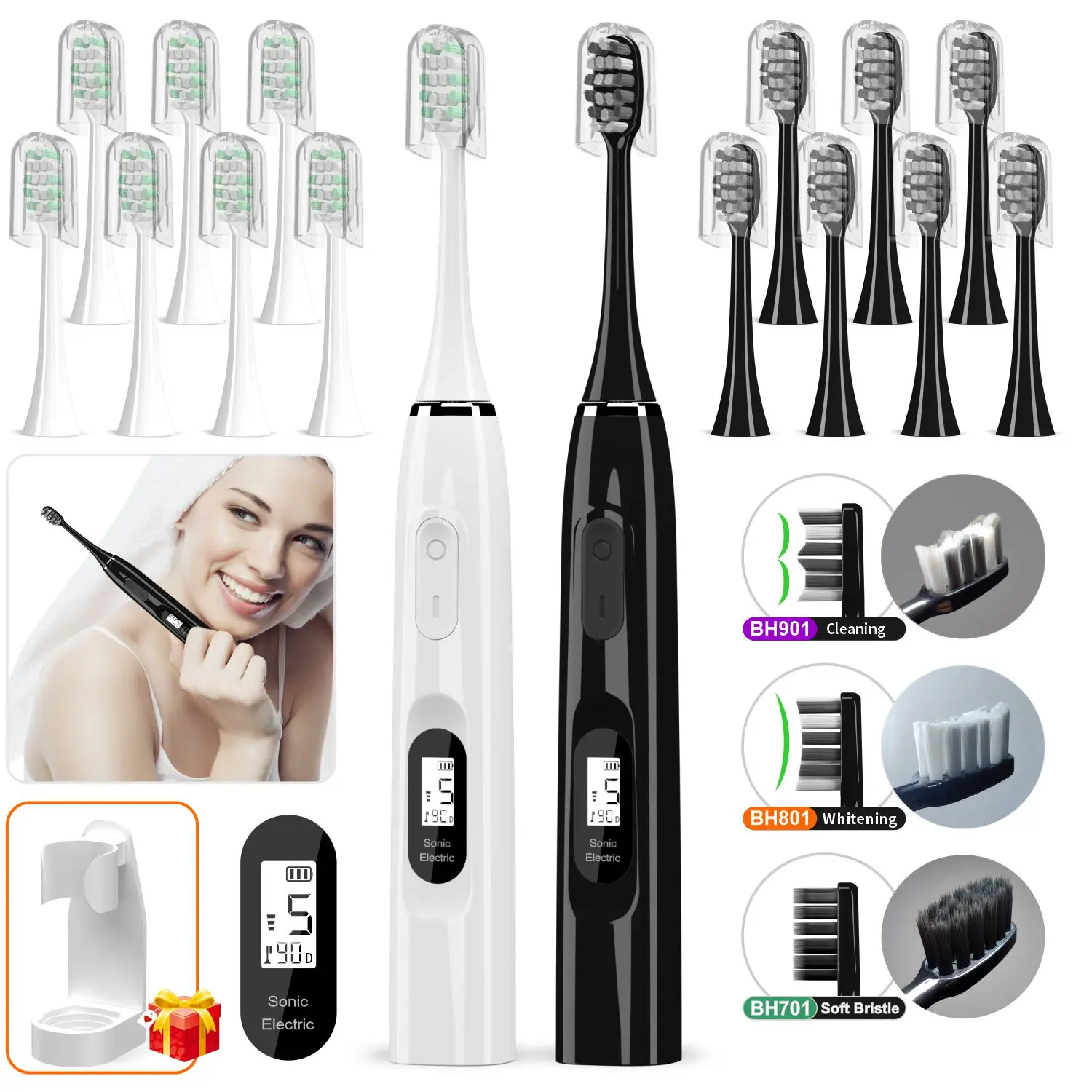 

8 Heads Electric Toothbrush Screen Holder Adult Rechargeable 60 Days Cleansing Whitening Gum Care Sensitive Travel 5 Modes Black