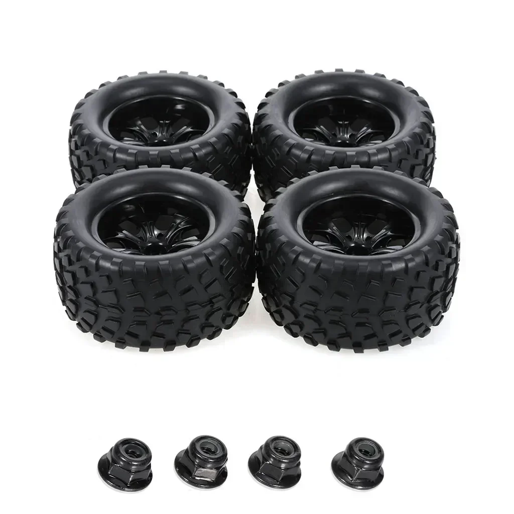 4pcs 125mm Rubber 1/10 RC Monster Truck Tires and Wheel Rims 12mm Hex With Nylon 4mm Lock Nuts For Trxs Himoto HSP HPI Redcat