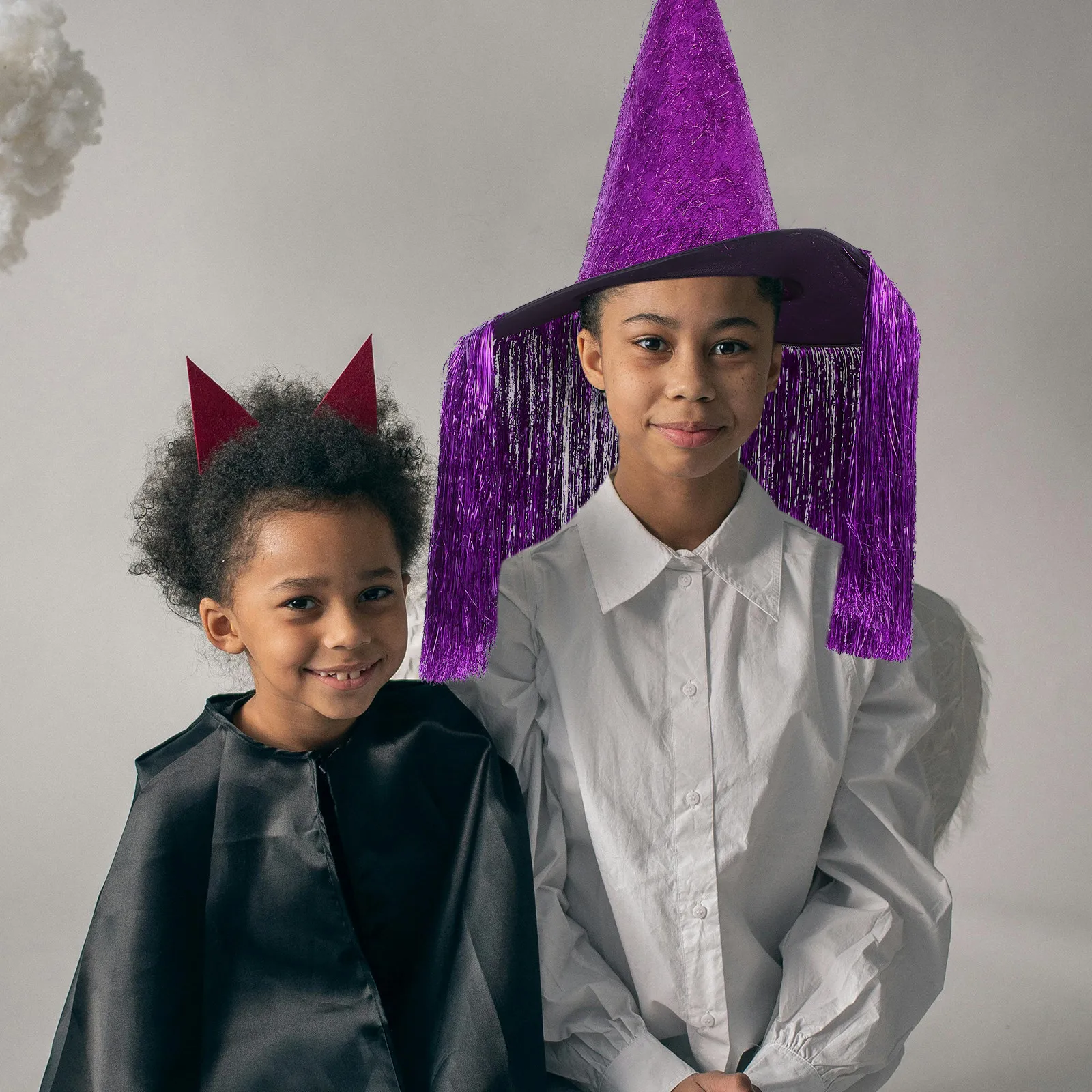 Sombrero de bruja para niños con borlas moradas, tela Oxford, ligero y cómodo, accesorio para fiesta de Halloween, sombrero de cosplay con tema de cumpleaños