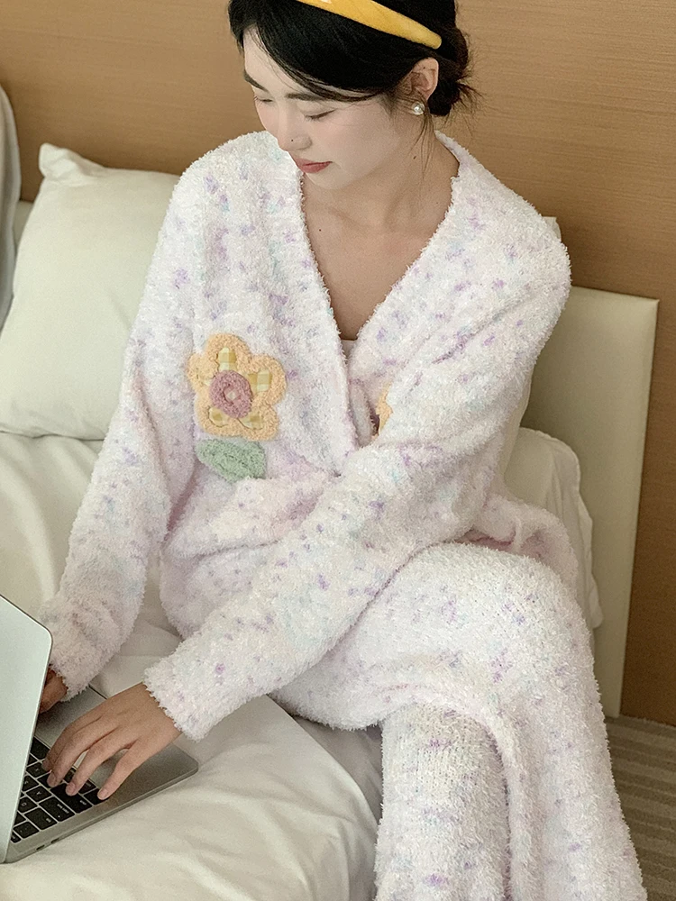 Sweet Floral V-neck Soft Pajamas for Women Warm Thickened Cardigan and Drawstring Sleep Pants 2pcs Home Clothing Cute Pink