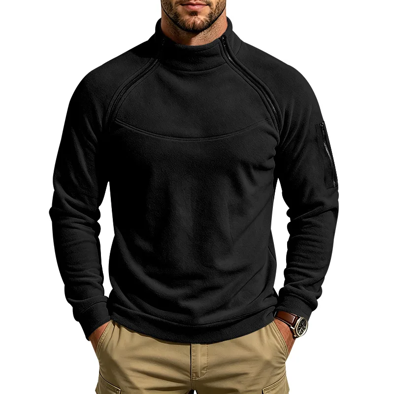 Herren Herbst-Winter Schwerlast-Fleece-Sweatshirt, Stehkragen, Doppelreißverschluss, Lose Warme Outdoor-Wander-Freizeitjacke – Detail 3