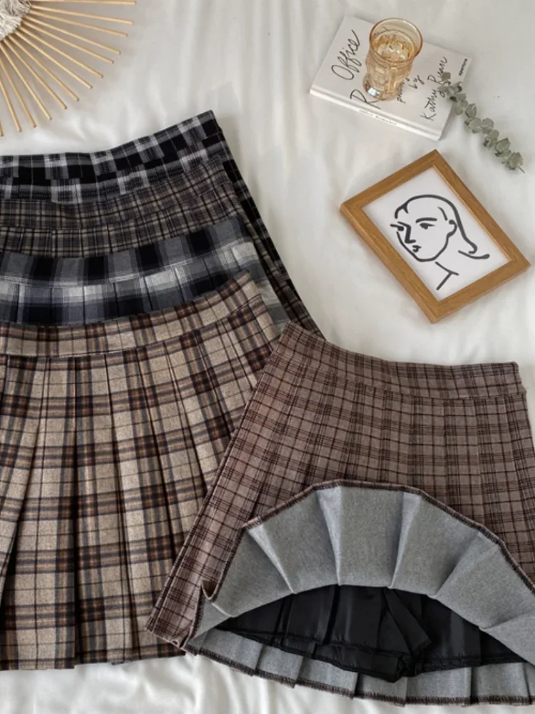 Korean Style Plaid Pleated Skirt Female Spring and Autumn High Waist Thin A-line Short Student Woolen 2022 NewSummer Skirts