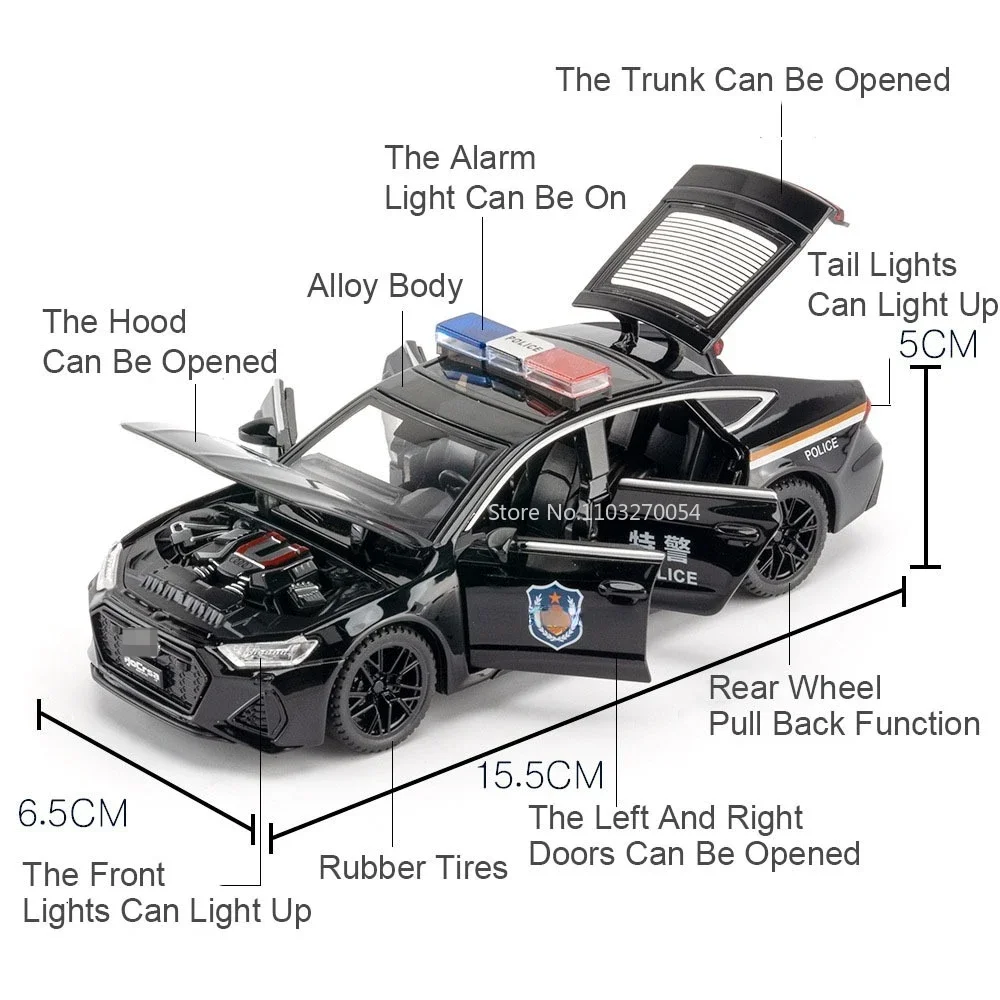 1:32 AUDI RS7 Polis Arabası Minyatür Model Alaşım Oyuncak Döküm Metal Arabalar Modeli Ses Işığı Geri Çekin Araç Çocuk Doğum Günü Hediyeleri