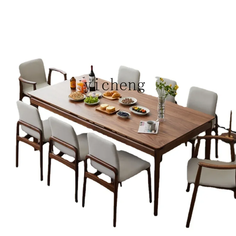 

Zf Black Walnut Wood Table Household Solid Wood Dining Table Nordic Rectangular Dining Tables and Chairs Set