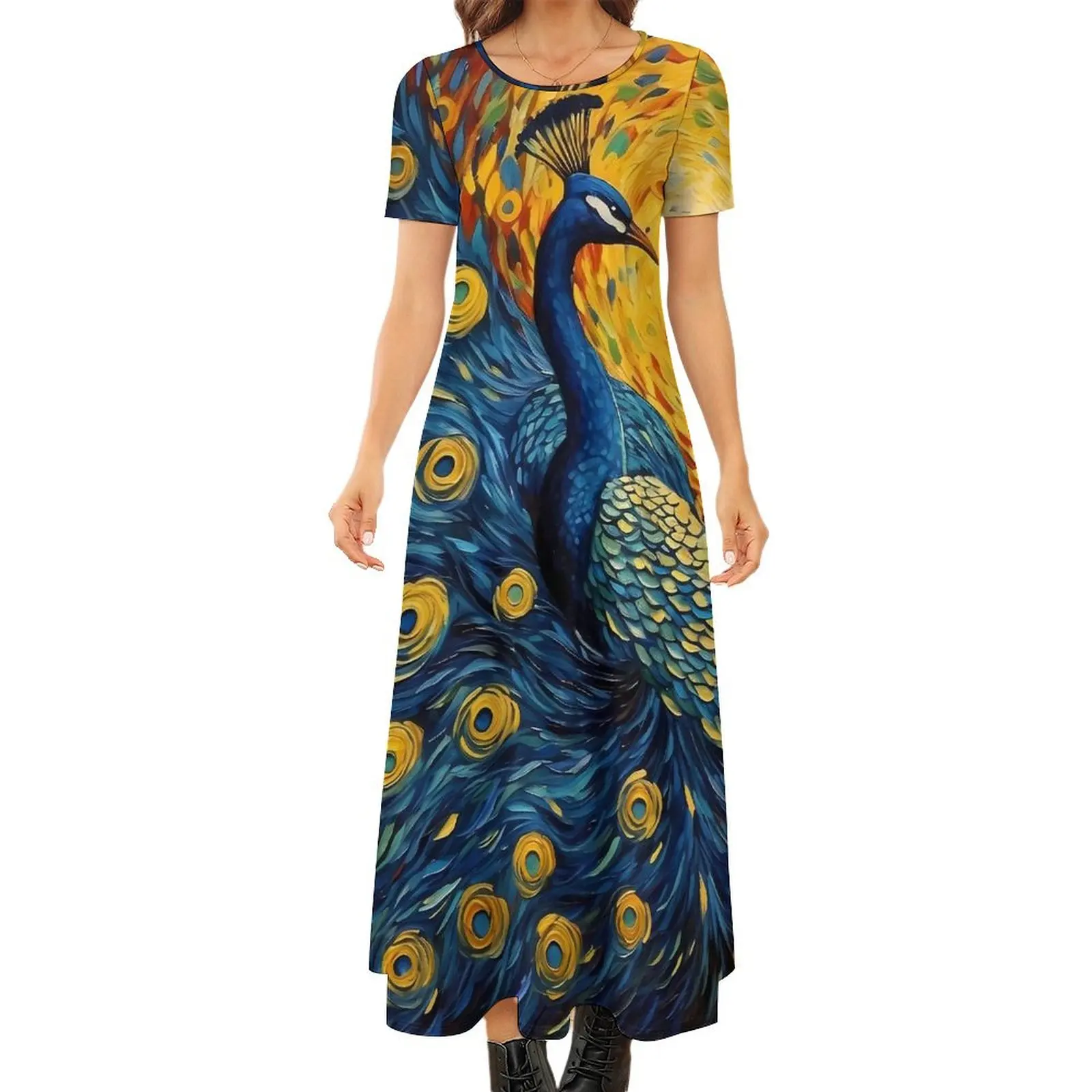 Fantasy Painting About Peacock Dress  Streetwear Bohemia Long Dresses Women Vintage Maxi Dress Large Size