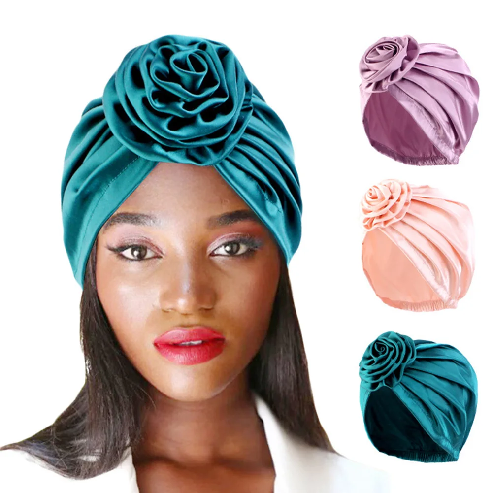 Women Hat African Headwraps Pre-Tied Bonnet Flower Knot Beanie Cap Simple Solid Color Elastic Chemo Covers Cap