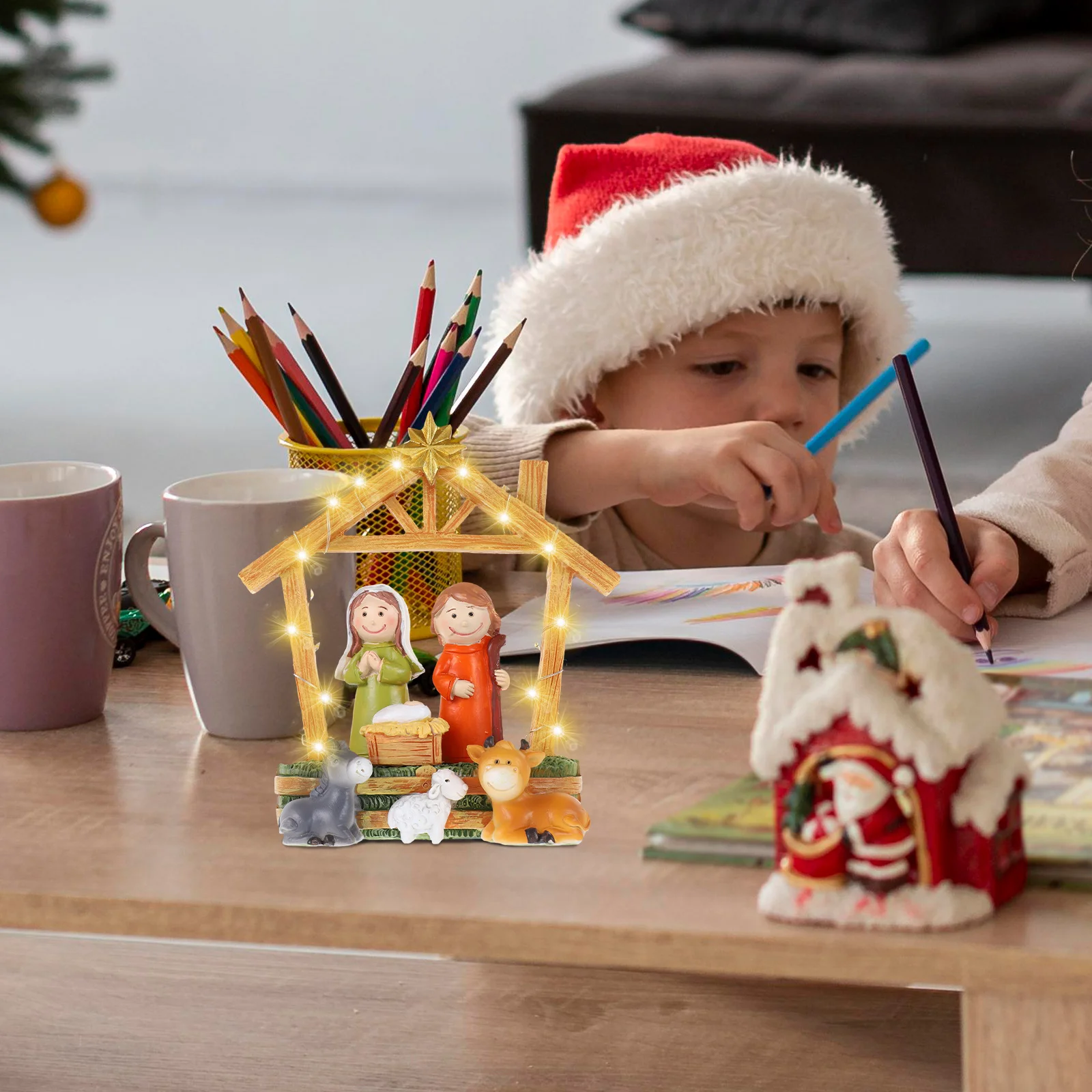 

Miniature Resin Nativity Scene Statue Jesus Birth Lighted Ornament Religious Christmas Tabletop Decor Small Jesus Ornament