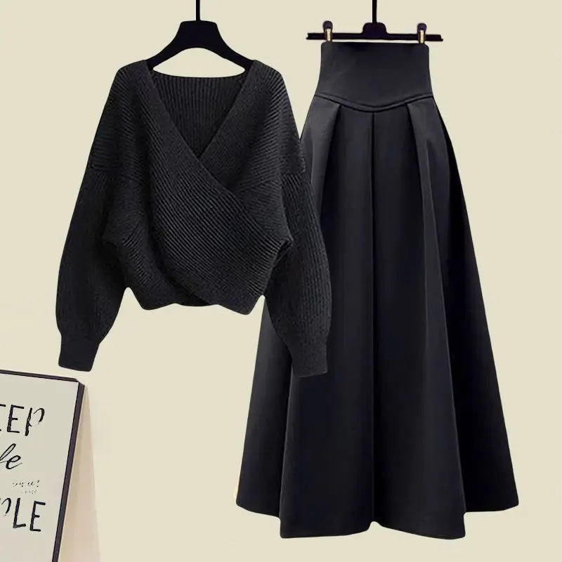 Autumn and Winter Set Women\'s 2023 New Korean Version Slim Cross Sweater Mid Length Half Length Skirt Two Piece Set