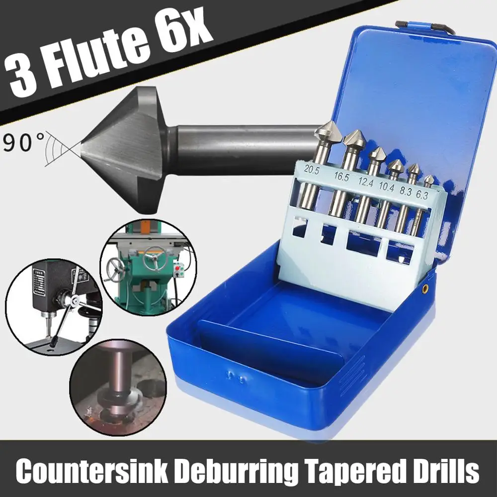 6pcs 90 Degree 3 Flute Countersink Deburring Tapered Drill HSS Bit Screw Set With Box