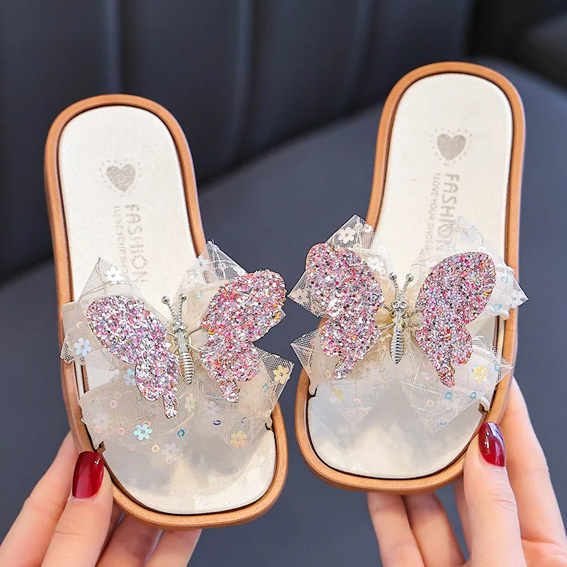 

Детские летние пляжные шлепанцы с бантом-бабочкой 2026: пластиковые тапочки-слипоны для дома, нескользящие пляжные шлепанцы для девочек