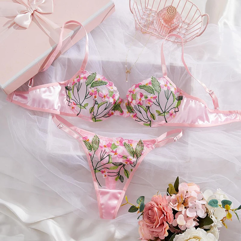 

Sexy Lingerie Female Floral Embroidery Mesh Underwear Ultra Thin Bra Sets Sweet Pink Erotic Lingerie Translucent Lingerie Set
