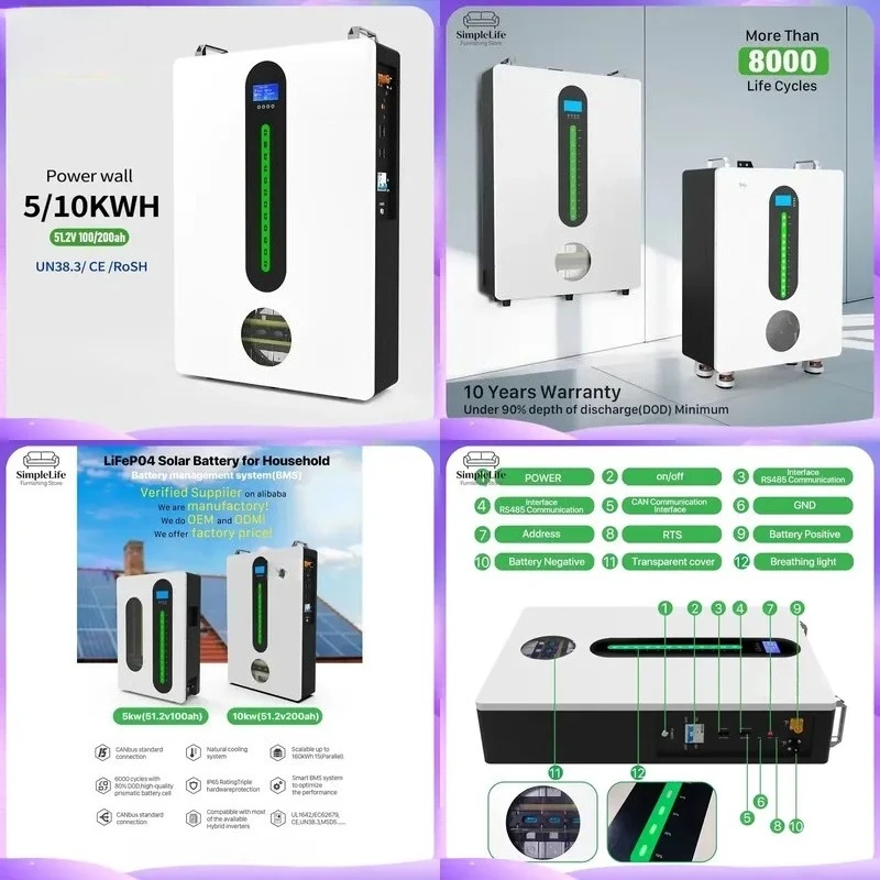 EU Warehouse 51.2V LiFePO4 Battery Pack 100Ah 200Ah 5kWh 10kWh Solar Energy Storage System Photovoltaic Cell for Home Power