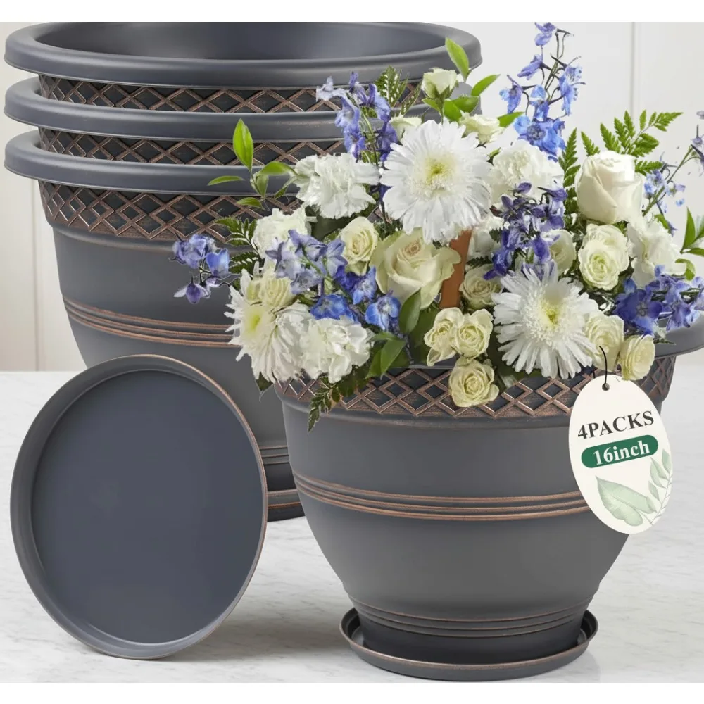 

4 Pack 16 Inch Large Plant Pots with Drainage Holes & Saucer, Plaid Pattern Indoor Outdoor Garden Planters for Herbs Flowers