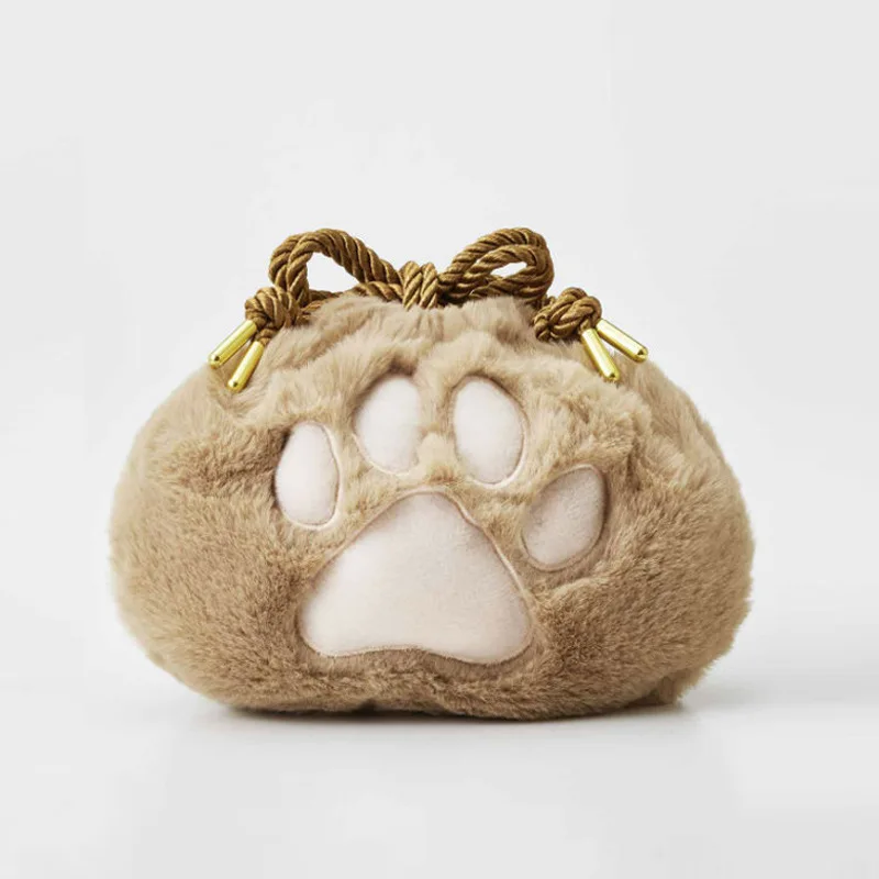 Cartera de felpa con Pata de Gato y oso para niñas, bolsa de maquillaje portátil con cordón, monedero de felpa suave para cosméticos, bolsa de almacenamiento pequeña para niños encantadores