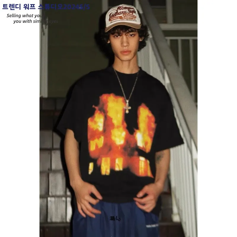 تي شيرت صيفي جديد من High Street American Flame ort Sve تي شيرت رجالي فضفاض من القطن الخالص ثقيل الوزن للأزواج ملابس شبابية