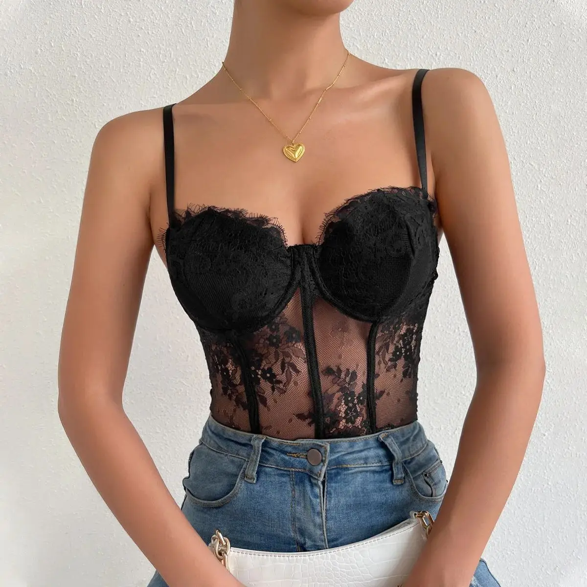 

Sexy Lace Mesh Corset Summer Women See-through Sling Tank Tops Sleeveless Bustier Vest Slim Lingerie Casual Go Out wear Camisole