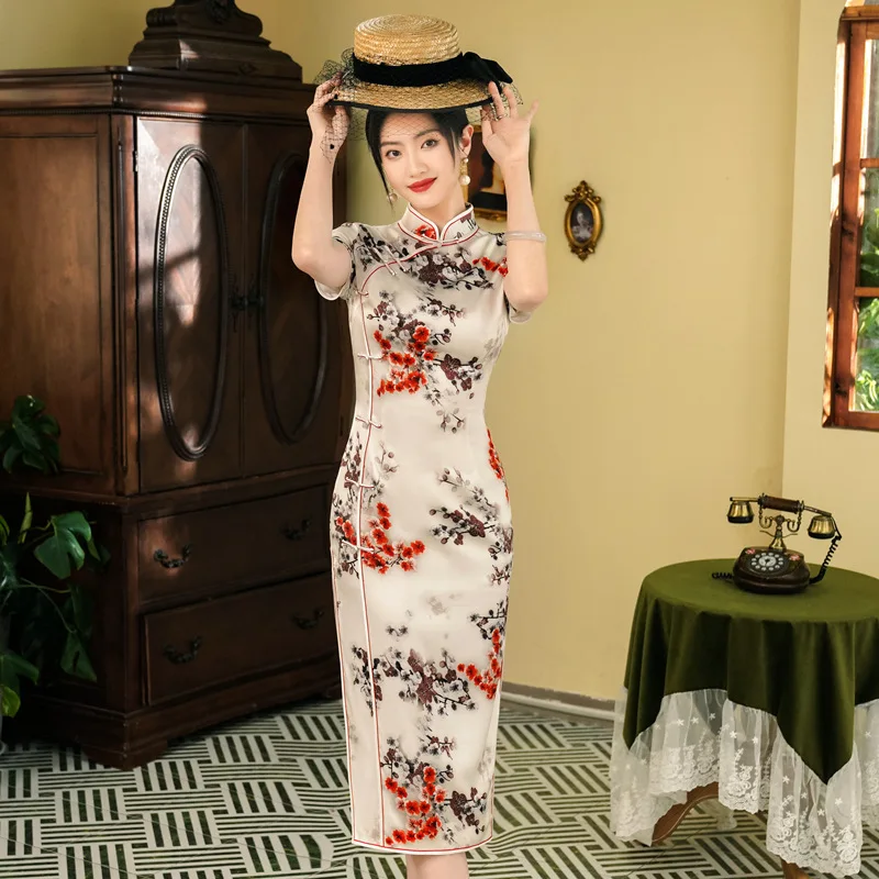 High Quality Real Silk Cheongsam Qipao for Women 2024 New Daily Improved High-End Chinese Style Dress Elegant Graceful Long