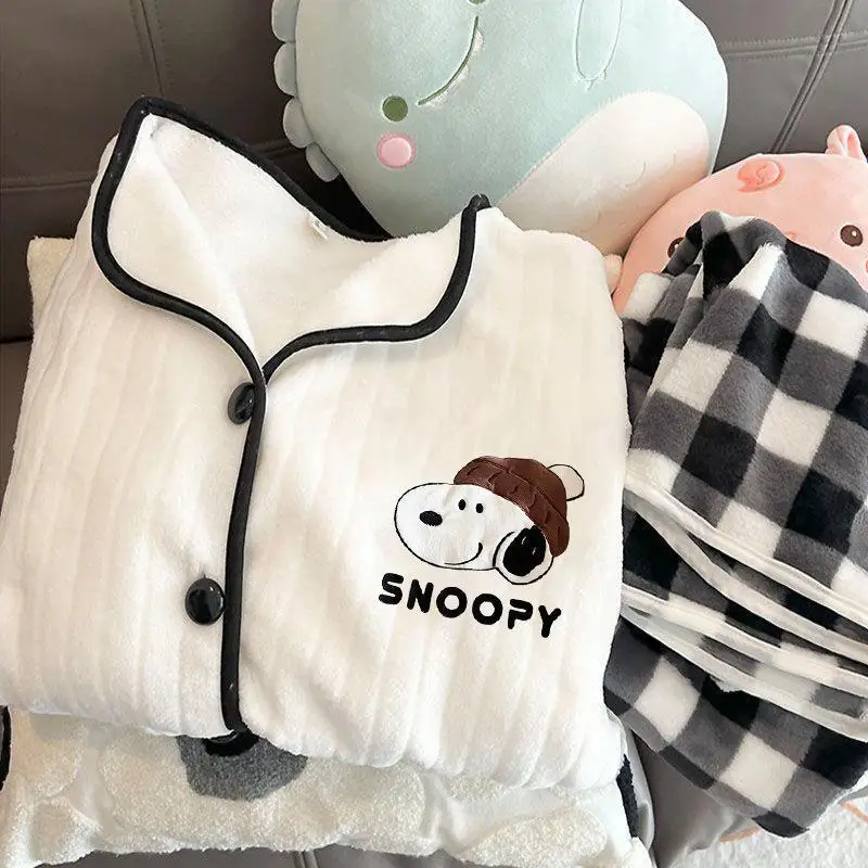 Kawaii Snoopy Pochacco Pajamas Winter Thick Flannel Cardigan Collar Warm Home Clothes Long Sleeved Top Pants Set Gift for Girls