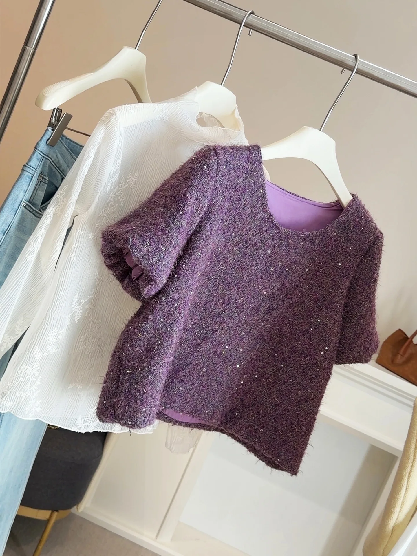 

Vintage Minimalist Sequin Round Neck Purple Knit Top Women Spring Summer Bubble Short Sleeve Korean Street Trend Pullover Blouse