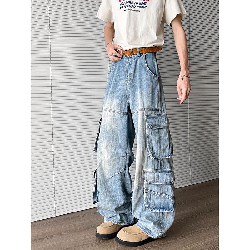 

Vintage American High Street New Fashion Men's Light Blue Casual Trendy Simple Basic Daily Loose Multi Pockets Jeans Pants Male