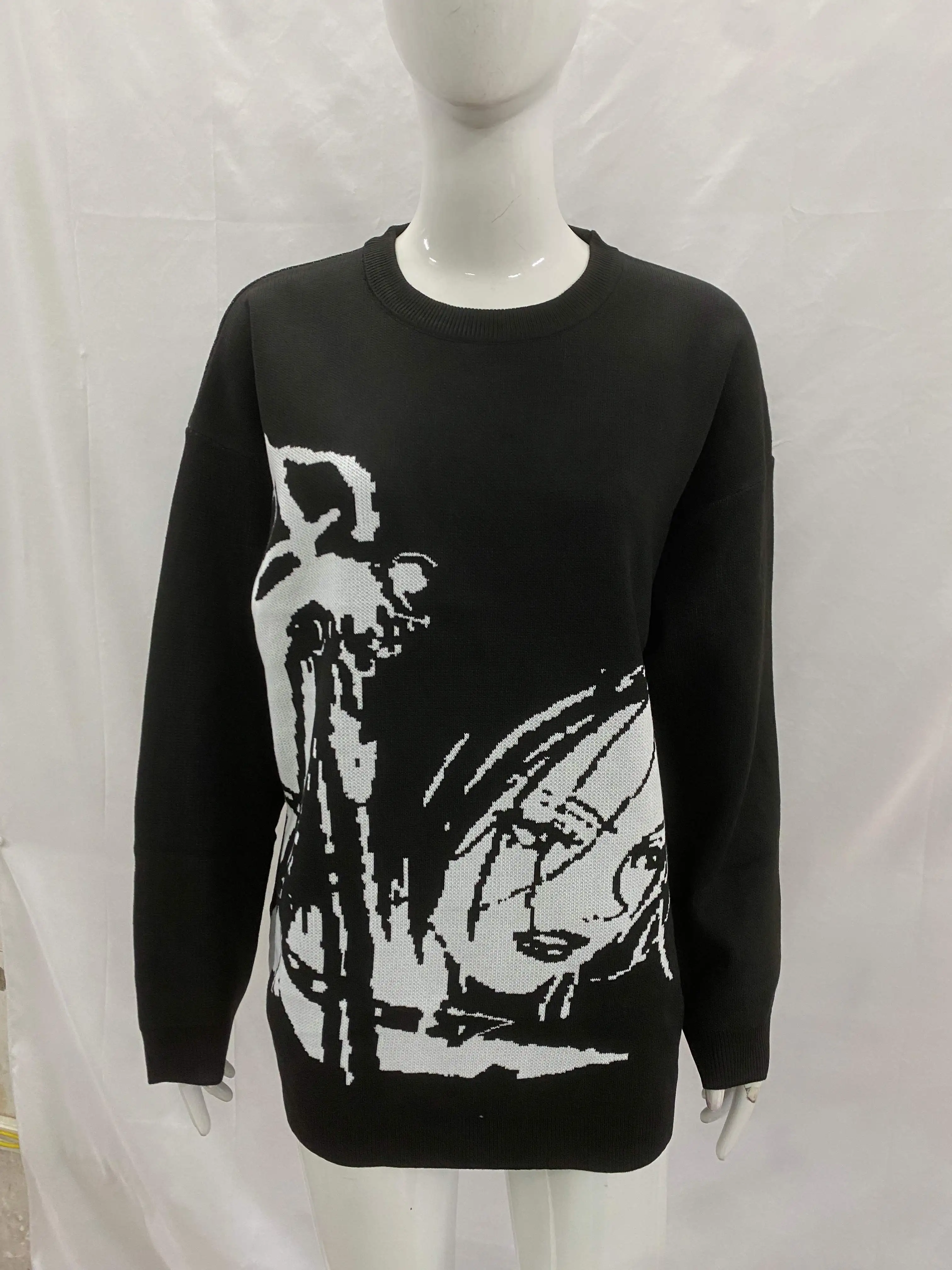 가을과 겨울 하라주쿠 인스 패션 고딕 레트로 니트 자카드 라운드 넥 루즈 스웨터 여성 스트리트 Y2k 의류