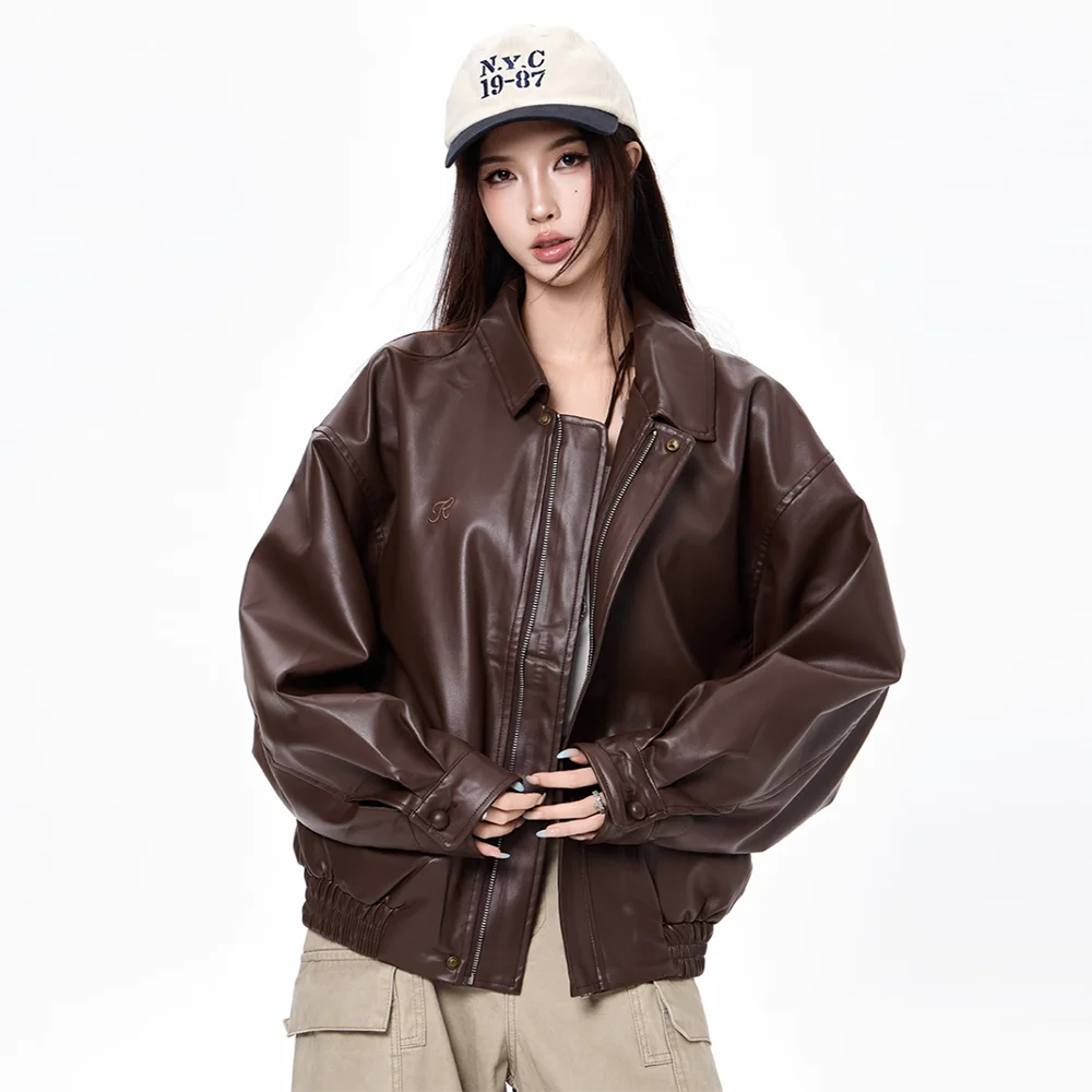 سترة نسائية كلاسيكية فضفاضة من الجلد الصناعي Pu قصيرة مع ملابس الشارع الشهير معطف نسائي بسحاب ريترو لسائقي الدراجات النارية معاطف خارجية للزوجين